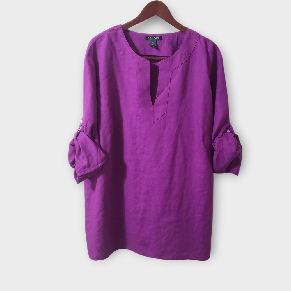 Lauren Ralph Lauren 3X Purple 100%‎ Linen Split Neck Roll Tab Sleeve Tunic Top